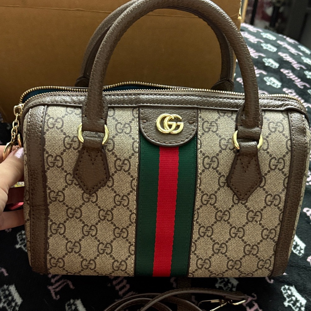 Gucci Beige and Brown Satchel with Red and Green Stripe